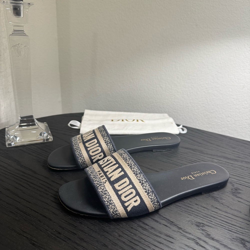 Christian Dior Dway Slide Sandal Embroidered Logo Navy 39.5